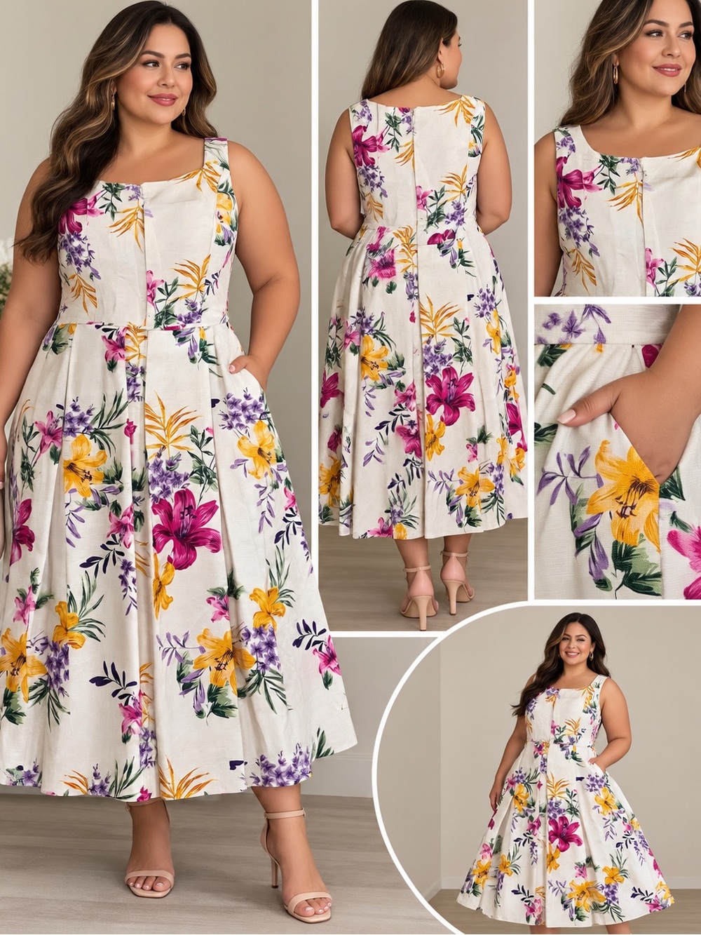 Sleeveless Floral Midi Dress - White with Pink & Yellow Blooms
